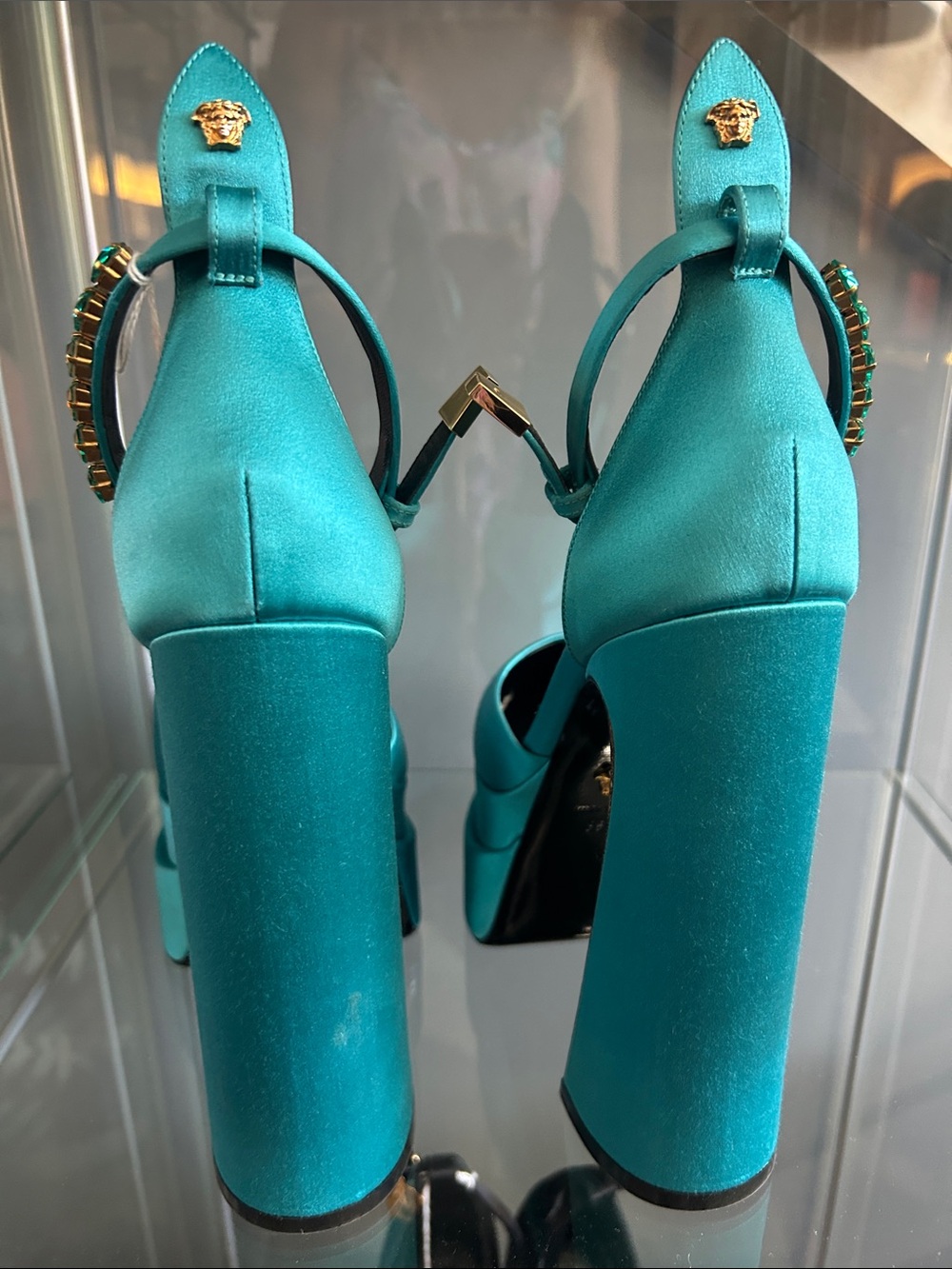Versace Teal Platform Satin Heels with Jeweled Ankle Strap - Picture 4 of 6